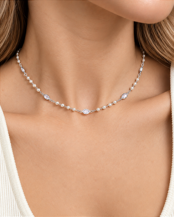 Colar choker delicado com pérolas e zircônias navete banho ródio hipoalergênico