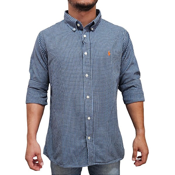 Camisa Social Oxford Xadrez Manga Longa Azul Claro Logo Clássico Laranja