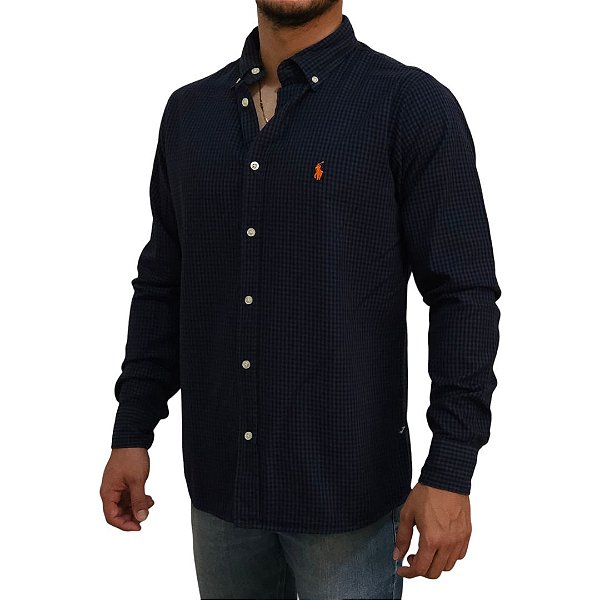 Camisa Social Oxford Xadrez Manga Longa Azul Marinho Clássico Laranja