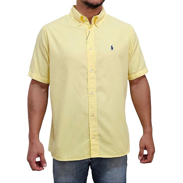 Camisa Social Oxford Manga Curta Amarelo Claro Logo Clássico Azul Celeste