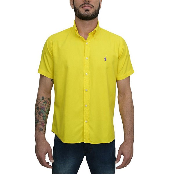 Camisa Social Oxford Manga Curta Amarelo Logo Clássico