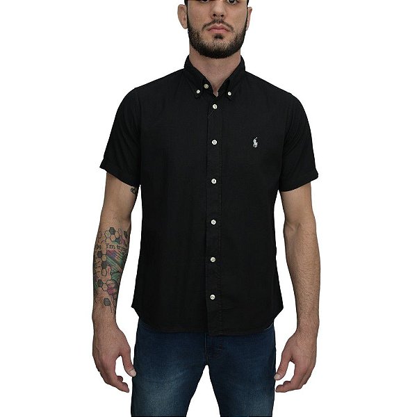 Camisa Social Oxford Manga Curta Preto Logo Clássico Cinza