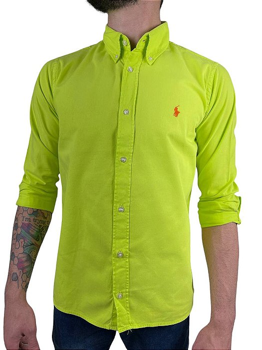 Camisa Social Oxford Manga Longa Verde Limão Logo Clássico Laranja