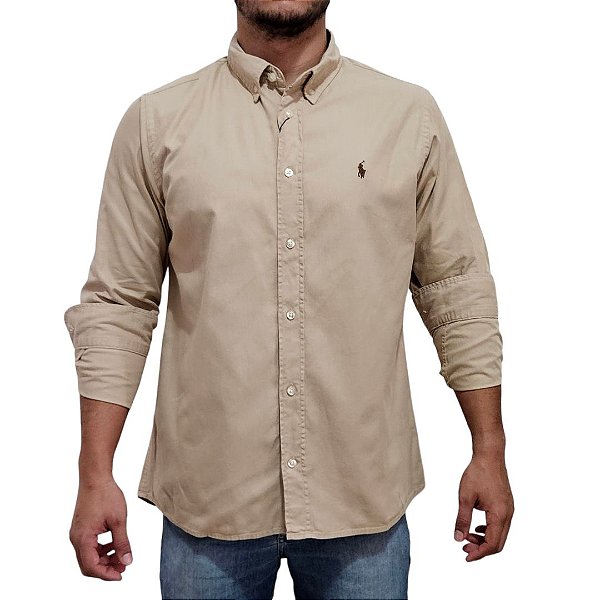 Camisa Social Oxford Manga Longa Caqui Logo Clássico Marrom