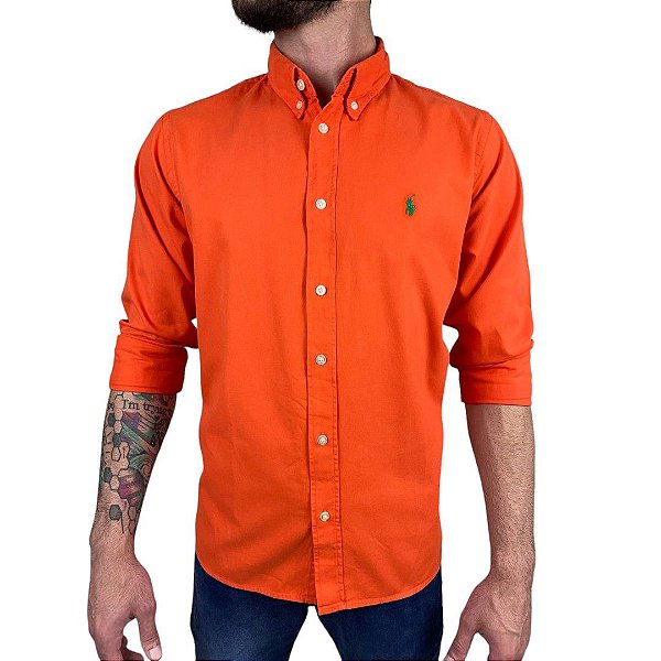 Camisa Social Oxford Manga Longa Laranja Logo Clássico Verde