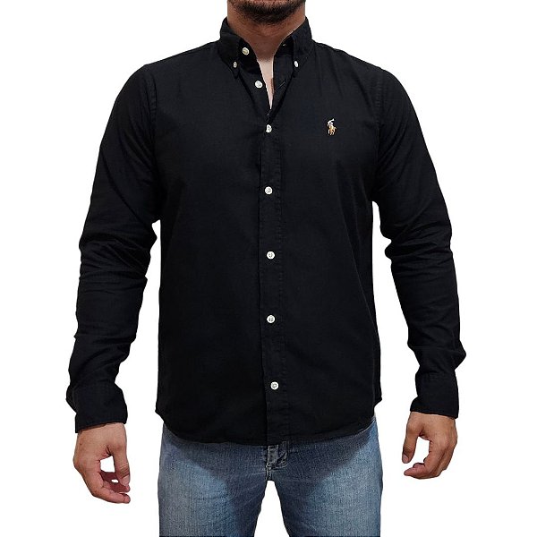 Camisa Social Oxford Manga Longa Preto Logo Colorido