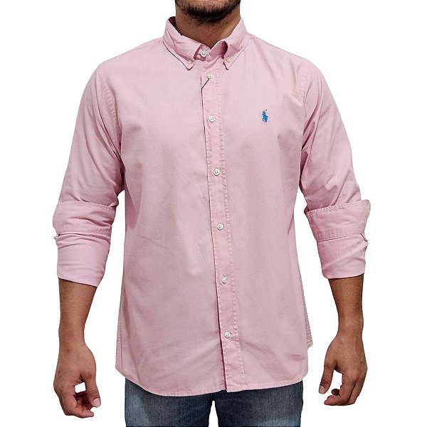 Camisa Social Oxford Manga Longa Rosa Claro Logo Colorido