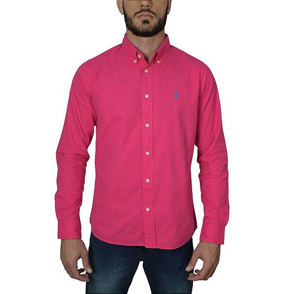 Camisa Social Oxford Manga Longa Rosa Pink Logo Clássico Celeste