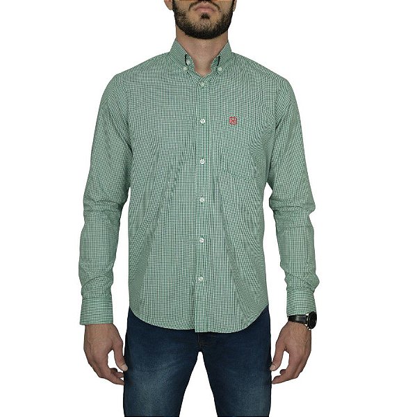 Camisa Social Txc Xadrez Manga Longa Verde Bolso Bordada 2768L