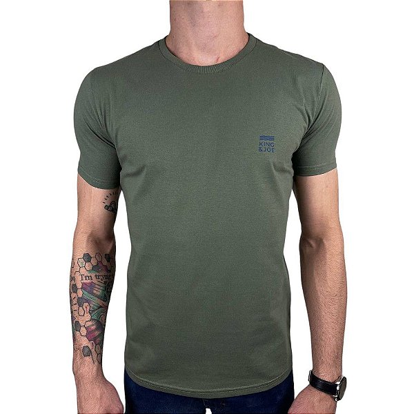 Camiseta Kingejoe Verde Militar Slim Estampada Peito