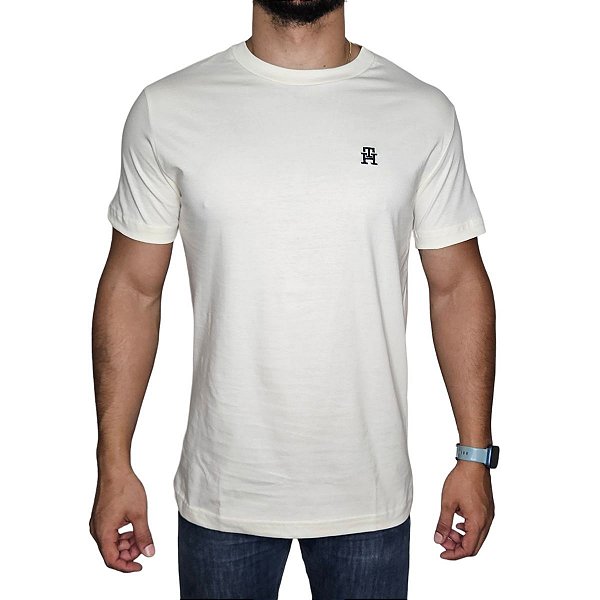 Camiseta Tommy Hilfiger Bege TH Bordado Logo Tee