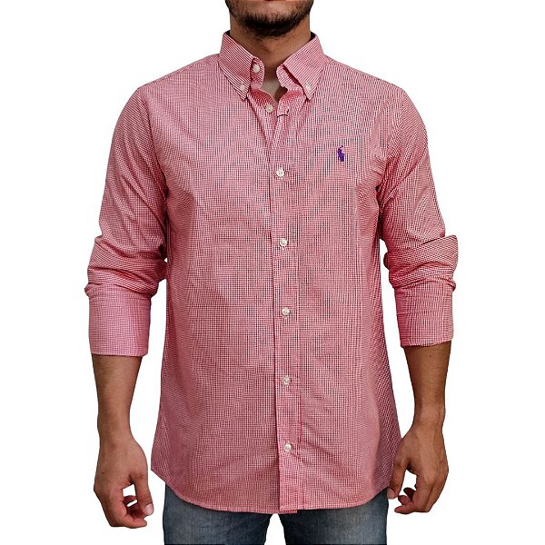 Camisa Ralph Lauren Micro Xadrez Manga Longa Vermelho Logo Clássico Roxo