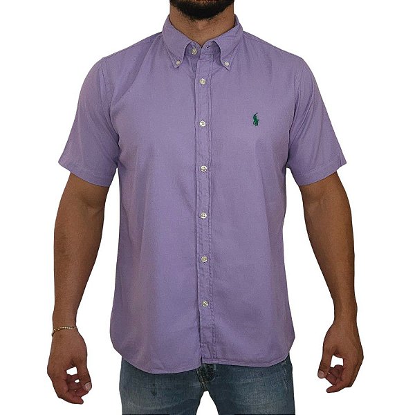 Camisa Social Oxford Manga Curta Lilas Logo Clássico