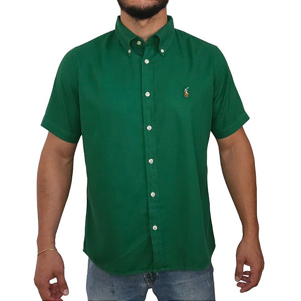 Camisa Social Oxford Manga Curta Verde Bandeira Logo Colorido