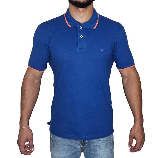 Polo Piquet Kingejoe Azul Royal Detalhe Gola Bordada Bandeira