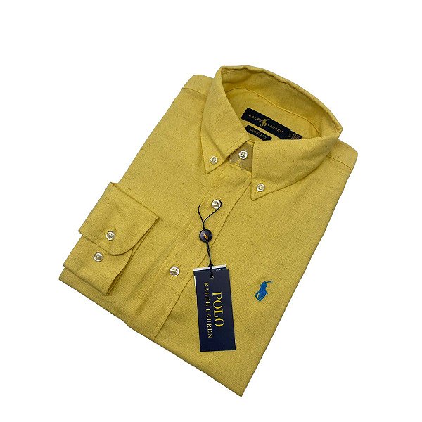 Camisa Social Linho Manga Longa Amarelo Claro Logo Clássico Celeste