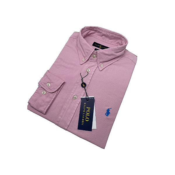 Camisa Social Oxford Manga Longa Rosa Claro Logo Clássico Celeste