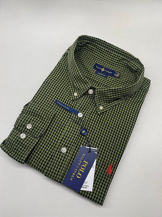 Camisa Social Oxford Xadrez Manga Longa Verde Militar Logo Clássico Vermelho