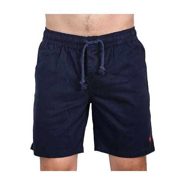 Short Sarja Ralph Lauren Marinho Com Elastano Logo Clássico Vermelho