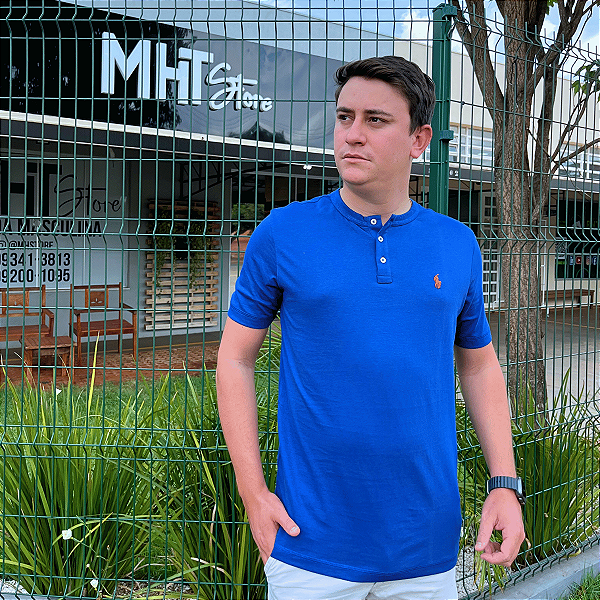 Camiseta Ralph Lauren Henley Azul Royal Logo Clássico Laranja