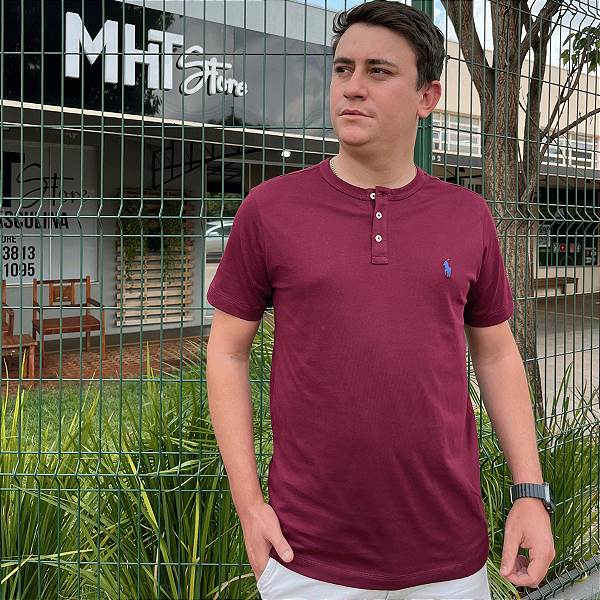 Camiseta Ralph Lauren Henley Bordo Logo Clássico Celeste