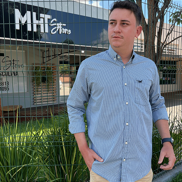 Camisa Manhatan Jeans Quadriculada Manga Longa Verde Marinho Logo Preto