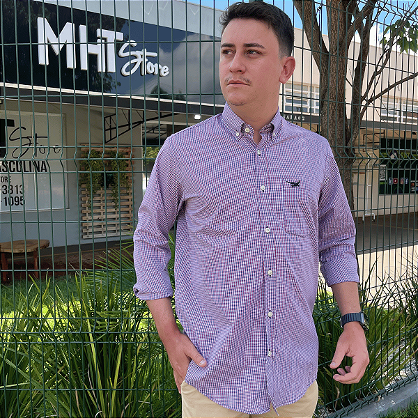 Camisa Manhatan Jeans Quadriculada Manga Longa Vermelho Marinho Logo Preto