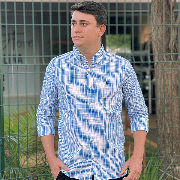 Camisa Ralph Lauren Listrado Manga Longa Azul Claro Listra Vermelho Logo Preto