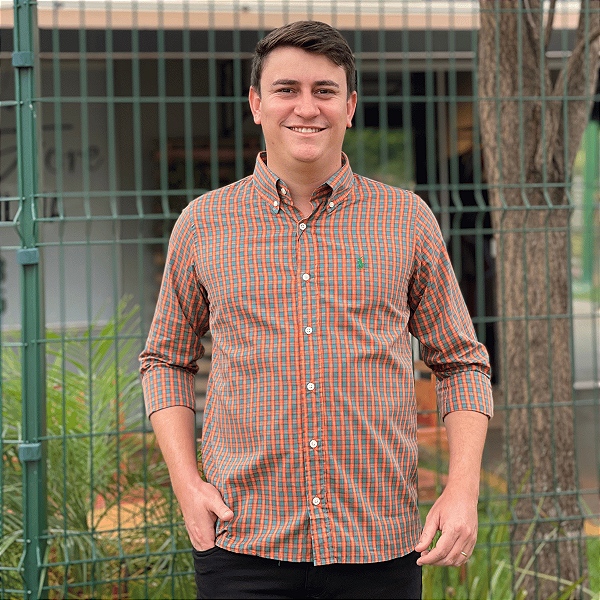 Camisa Ralph Lauren Xadrez Manga Longa Multicolor Laranja Logo Clássico Verde