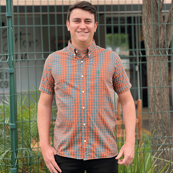 Camisa Ralph Lauren Xadrez Manga Curta Multicolor Laranja Logo Clássico Verde