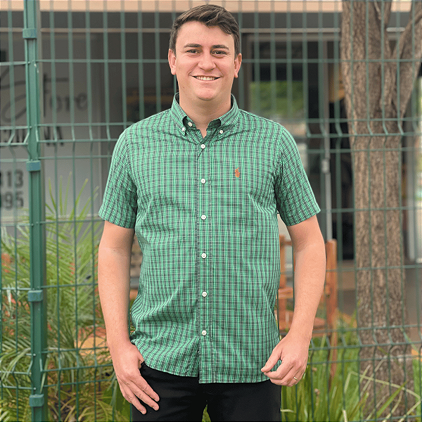 Camisa Ralph Lauren Xadrez Manga Curta Multicolor Verde Logo Clássico Laranja