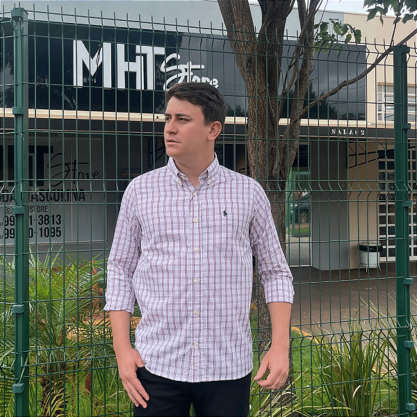 Camisa Ralph Lauren Xadrez Manga Longa Vermelho Listras Marinho Logo Clássico Marinho