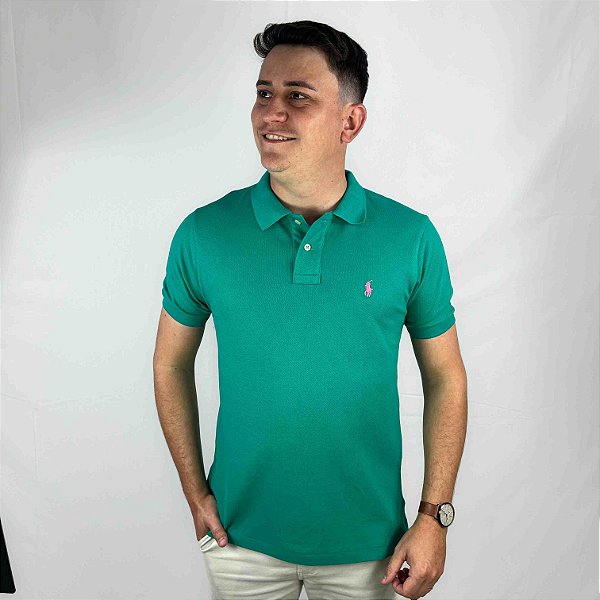 Polo Ralph Lauren Verde Esmeralda Logo Clássico Rosa Pink