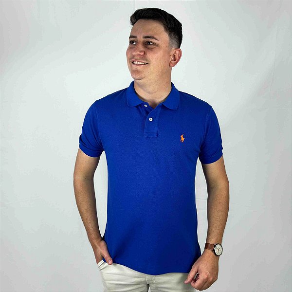 Polo Ralph Lauren Azul Royal Logo Clássico Laranja