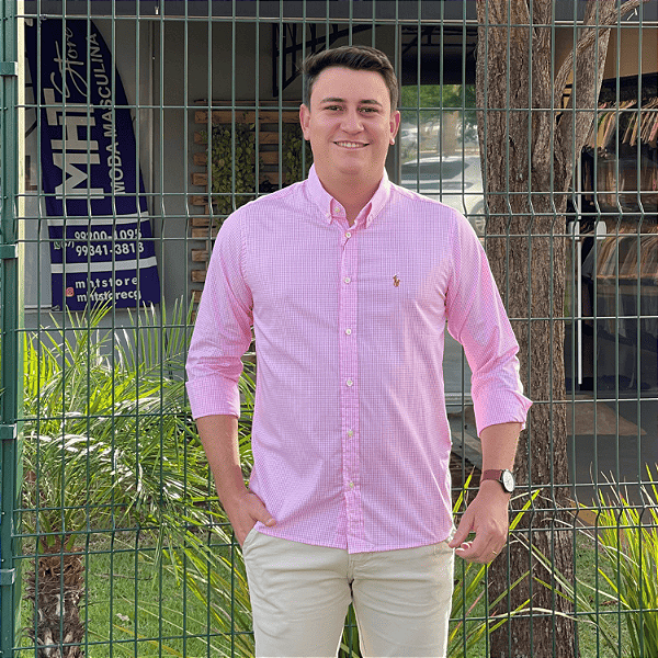 Camisa Ralph Lauren Micro Xadrez Médio Manga Longa Rosa Claro Logo Colorido