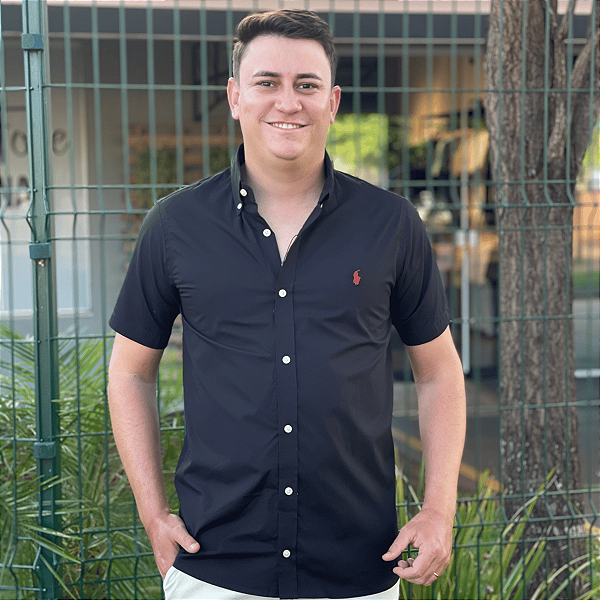 Camisa Social Ralph Lauren Tricoline Manga Curta Preto Logo Colorido