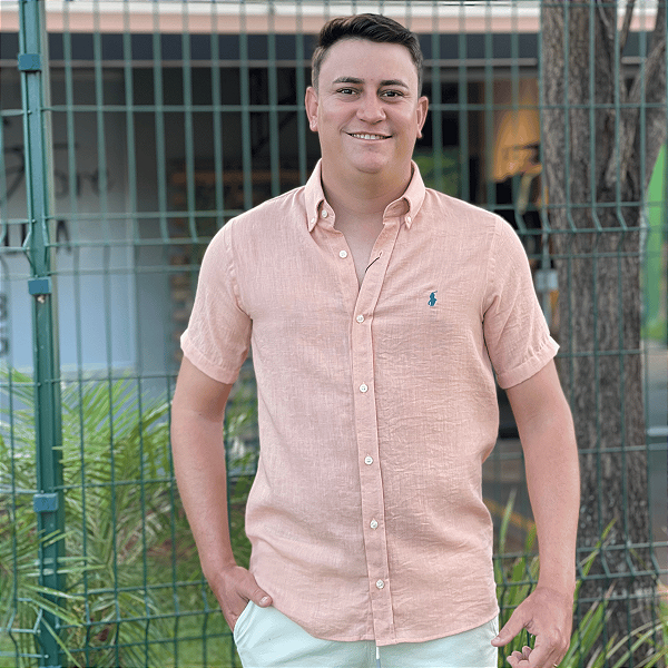 Camisa Social Linho Manga Curta Caqui Logo Clássico Azul Royal