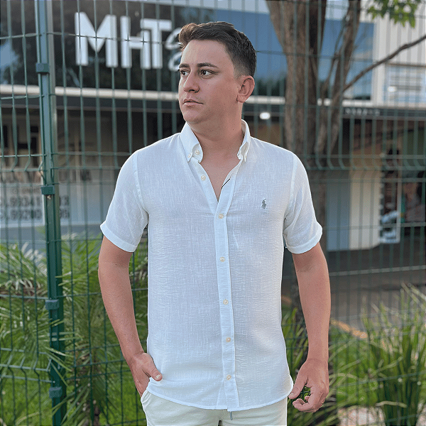 Camisa Social Linho Manga Curta Branco Logo Clássico Cinza