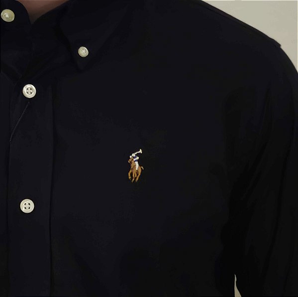 Camisa Lisa Tecido Plano Manga Curta Preto Pontos Fino Logo Colorido