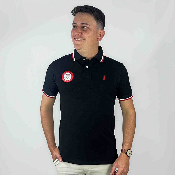 Polo Ralph Lauren Olympic Team Preto Logo Clássico Vermelho