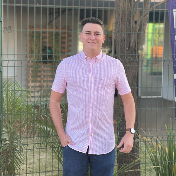 Camisa Tommy Hilfiger Manga Curta Bolso Xadrez Rosa Claro