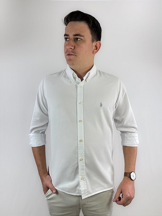 Camisa Social Oxford Manga Longa Branco Logo Clássico Cinza