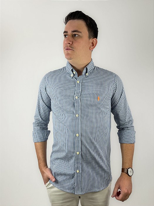 Camisa Ralph Lauren Multicolor Manga Longa Listra Marinho Logo Clássico Laranja