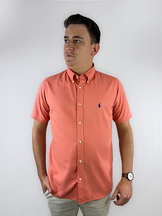 Camisa Social Oxford Manga Curta Goiaba Logo Clássico Azul Royal