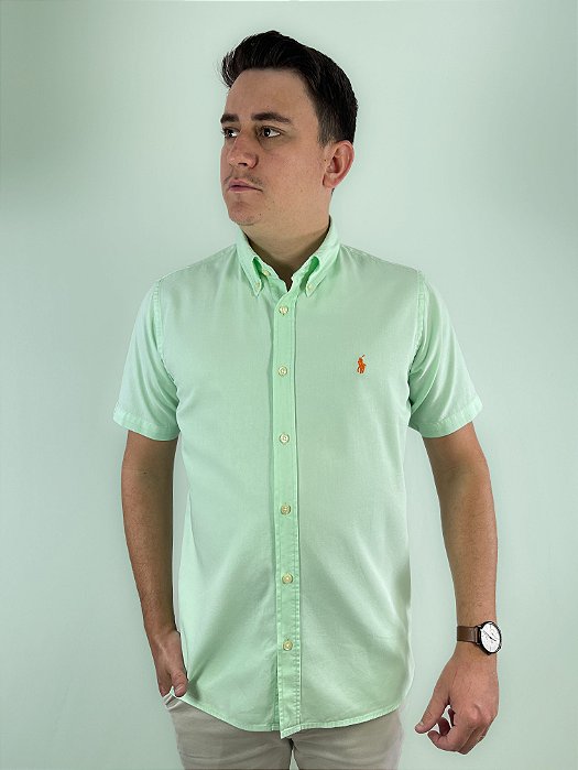 Camisa Social Oxford Manga Curta Verde Claro Logo Clássico Laranja