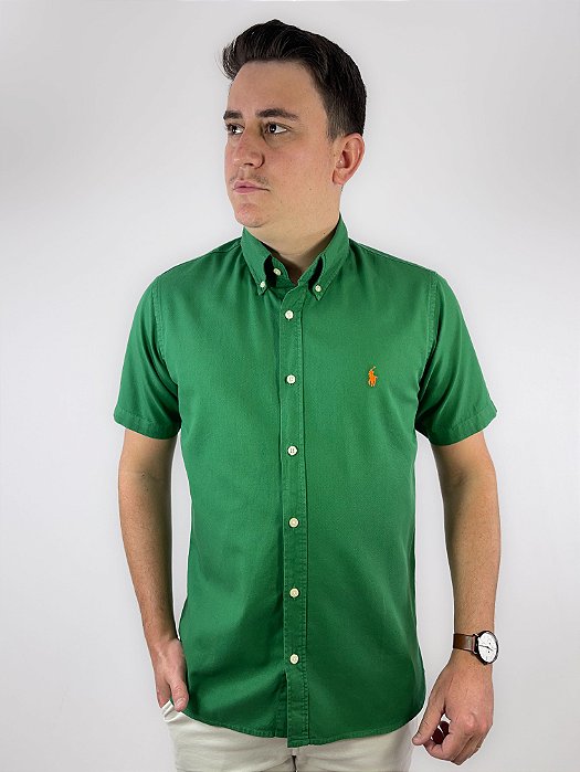 Camisa Social Oxford Manga Curta Verde Bandeira Logo Clássico Laranja