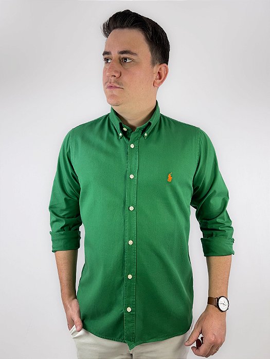 Camisa Social Oxford Manga Longa Verde Bandeira Logo Clássico Laranja
