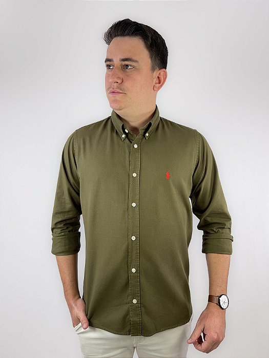 Camisa Social Oxford Manga Longa Café Logo Clássico Vermelho