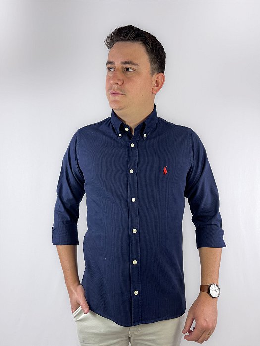 Camisa Social Oxford Micro Listrado Manga Longa Marinho Logo Clássico Vermelho