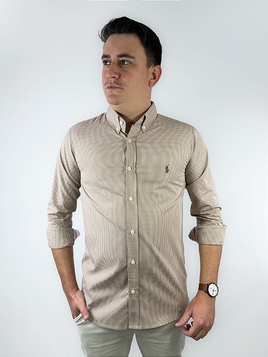 Camisa Ralph Lauren Quadriculada Manga Longa Caqui Logo Clássico Royal